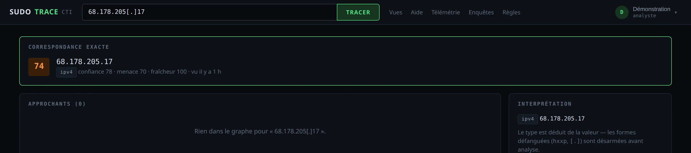 Recherche d'une adresse IP défanguée dans Sudo Trace